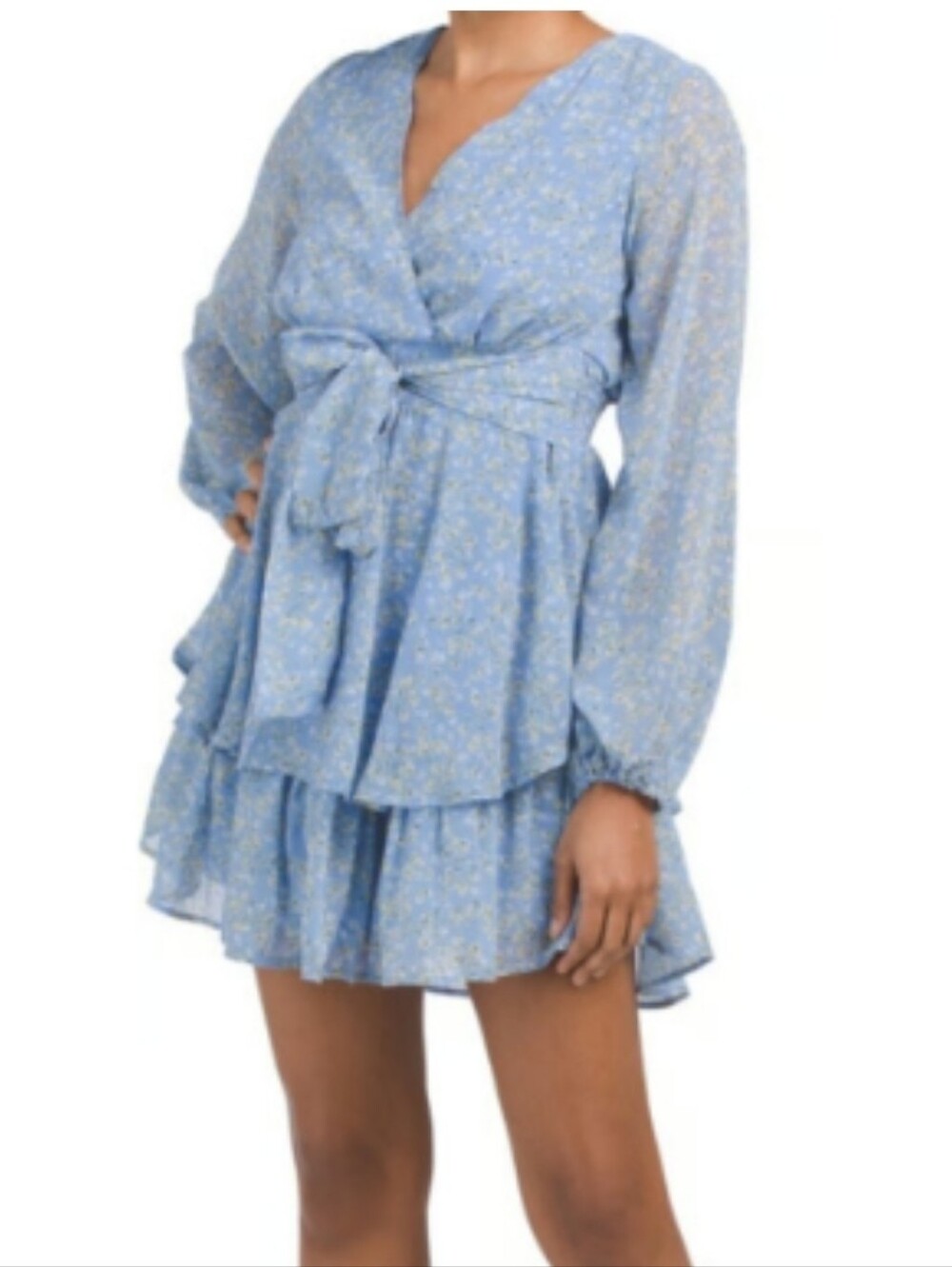 Japna Blue Floral Wrap Tie-Waist Mini Dress Long Sleeve Size L